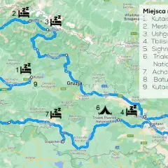 Trasa podróży po Gruzji samochodem: od Kutaisi przez Mestie, Ushguli, Tbilisi, Batumi i z powrotem do Kutaisi.