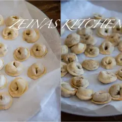 Närbild på shish barak, små dumplings som väntar på att tillagas.