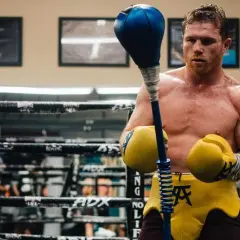 Boxer Canelo Alvarez in yellow shorts and gloves, training with a speed bag. He's known for his dominance across multiple canelo weight class divisions.