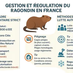 Illustration sur la gestion du ragondin, un animal considéré comme dangereux, avec les interdictions et méthodes de lutte autorisées.