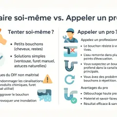 Comparaison : bricolage vs. pro pour le débouchage canalisations eaux usées. Le bricolage pour petits bouchons, le pro pour problèmes persistants.