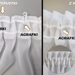 Porównanie tunelu i żabek do wieszania firanek. Agrafki pokazują, jak łatwo można je zamontować.