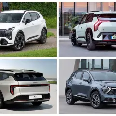 Cztery różne modele Kia: biały SUV z przodu, jasnoszary SUV z tyłu, srebrne kombi z tyłu i szary SUV z przodu.