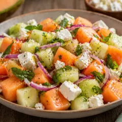 En uppfriskande melon och fetaostsallad med gurka, rödlök och mynta. Perfekt sommarbuffé.