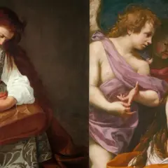 Maria von Magdala, nachdenklich, mit Perlen und Salbgefäß. Daneben Engel, die sie trösten.
