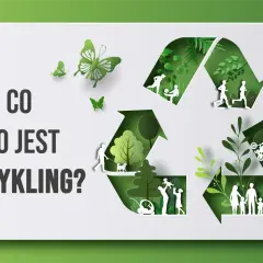 Co to jest recykling? Zielony symbol recyklingu z wyciętymi sylwetkami ludzi i natury, symbolizujący troskę o środowisko.