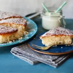 Deliziosa torta con farina di cocco, spolverata di zucchero a velo, servita su piatti blu.