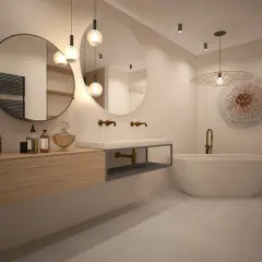 Salle de bain moderne avec baignoire îlot, double vasque et déco murale. Idéal pour estimer la durée des travaux salle de bain.