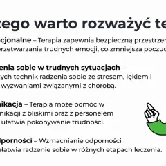Ilustracja przedstawia listę powodów, dla których warto rozważyć terapię, podkreślając jej skuteczność w radzeniu sobie z emocjami i trudnościami.