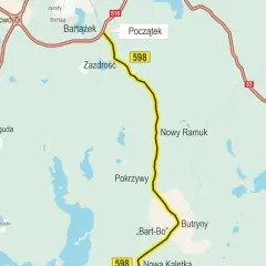 Mapa z zaznaczoną trasą rowerową Olsztyn, prowadzącą przez Bartążek, Zazdrość, Pokrzywy i Butryny.