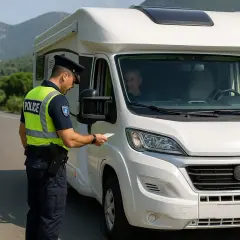 Policjant kontroluje kampera na drodze. Planujesz podróż? Sprawdź, co zobaczyć na Chalkidiki!