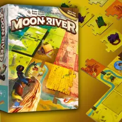 Gra planszowa "Moon River" z motywem Dzikiego Zachodu. Na pudełku kowboj na koniu, a obok elementy planszy i żetony.