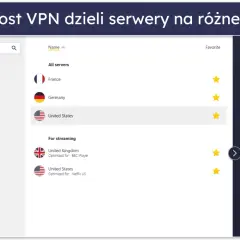 Interfejs CyberGhost VPN pokazuje listę serwerów, w tym USA, Francję i Niemcy. Kliknięcie przycisku rozłączenia pozwala dowiedzieć się, jak wyłączyć VPN.