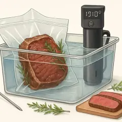 En saftig ryggbiff i ugn, tillagad med sous vide-metoden. En termometer och en stavmixer visar precisionen i tillagningen.