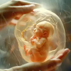 Dziecko w łonie matki, otoczone delikatnymi, zielonymi wodami płodowymi. Dłonie czule obejmują tę magiczną bańkę życia.