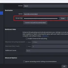 Twitch settings screen showing a hidden stream key input field, ready for your twitch rtmp url.