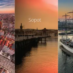 Trójmiasto: Gdańsk z lotu ptaka, molo w Sopocie o zachodzie słońca i żaglowiec w Gdyni.