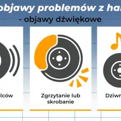 Ilustracja pokazuje objawy problemów z hamulcami: pisk, zgrzytanie i dziwne dźwięki. To uproszczona próba hamulca.