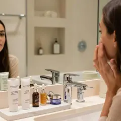 Une femme applique une crème sur son visage, devant un miroir reflétant sa routine soins visage avec plusieurs produits de beauté.