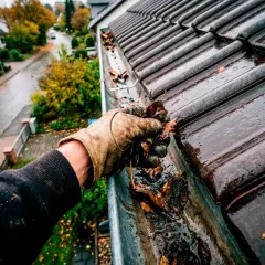 Mit Handschuhen Laub aus der verstopften Dachrinne entfernen. Ein guter Grund, einen Dachrinnenreiniger selber bauen zu wollen.