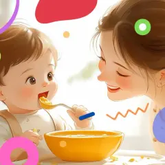 Mamma sorridente mentre dà la prima pappa svezzamento al suo bambino felice, con una ciotola gialla piena di cibo.