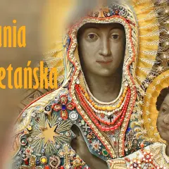 Obraz Matki Boskiej z Dzieciątkiem, ozdobiony bogatymi klejnotami. Na pierwszym planie widnieje napis "Litania Loretańska tekst".