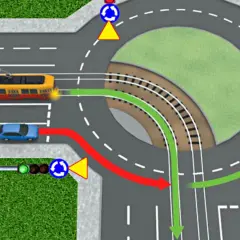 Tram ma pierwszeństwo na rondzie. Samochód musi ustąpić.