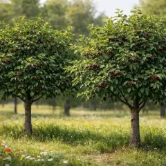 Due alberi carichi di amarena frutto, con foglie verdi e frutti scuri, in un prato fiorito.