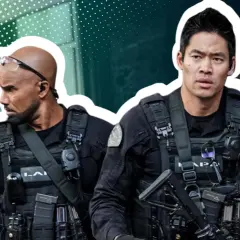 Zwei SWAT-Beamte, bereit für den Einsatz in Staffel 8. Sie tragen schwarze Uniformen und Westen.