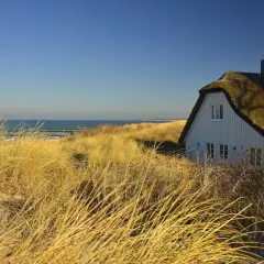 Biały domek z krytym strzechą dachem na wydmach nad morzem.