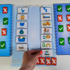 Pomocny plan dnia dla dziecka z autyzmem, z ikonkami i miejscem na zaznaczanie wykonanych czynności.