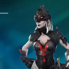 Postać Arachne z Fortnite, w czarnym stroju z czerwonymi akcentami, gotowa do walki.