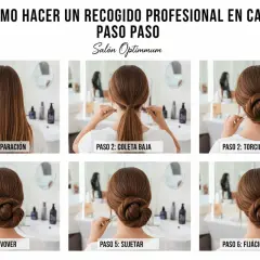 Tutorial paso a paso para crear un moño bajo elegante. Se muestra la preparación, coleta, torcido, envolver, sujetar y fijación final.