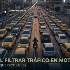 Motociclista se abre paso entre el tráfico denso. ¿Es legal filtrar en moto? Descubre la ley.