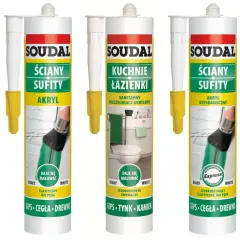 Trzy tuby akrylu Soudal do ścian i sufitów. Jeden produkt to akryl błyskawiczny, idealny do maskowania pęknięć.