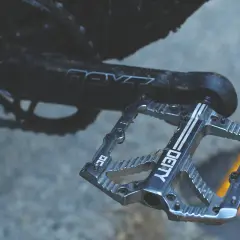 A close-up of a silver Deity pedal, ready for a Bladerunner-style descent. The crank arm reads "next SL.