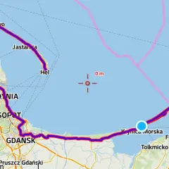 Mapa trasy rowerowej R10 Świnoujście-Hel, pokazująca drogę przez Trójmiasto, Półwysep Helski i dalej na wschód.