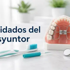 Modelo dental con aparato de ortodoncia, cepillo y limpiador interdental. Cuidados del disyuntor superior.