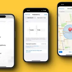 Drei iPhones zeigen die Funktion "Wegbegleitung". Ein iPhone zeigt die Einstellungen für die Wegbegleitung, ein anderes die Karte mit einem Standort und ein drittes die Optionen für die Benachrichtigungen.