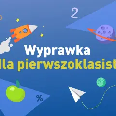 Wyprawka dla pierwszoklasisty: rakieta, jabłko, samolot i kosmiczne motywy.