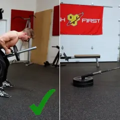 Man utför en t bar row med korrekt hållning (grönt kryss) och en felaktig (rött kryss).