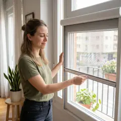 Mujer ajustando una mosquitera enrollable en una ventana. La mosquitera cabeza protege del calor y los insectos.