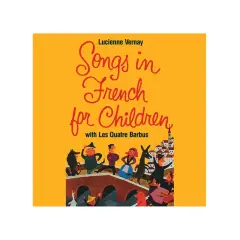 Ilustracja z okładki płyty "Songs in French for Children" z tańczącymi postaciami i miasteczkiem.