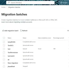 Tableau des lots de migration dans le centre d'administration Exchange, montrant l'état de l'exchange online.