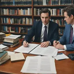 Dwóch prawników w garniturach analizuje dokumenty w bibliotece. Zastanawiasz się, ile kosztuje wynajęcie adwokata w sprawie cywilnej?
