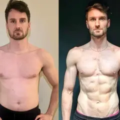 Ein normal trainierter Mann zeigt beeindruckende Fortschritte. Links vor dem Training, rechts nach dem Training mit sichtbaren Muskeln.