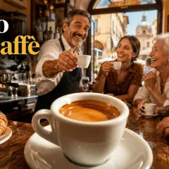 Un barista serve un espresso a un gruppo di amici in un bar. Il rito del caffè italiano, con croissant e biscotti, unisce le persone.