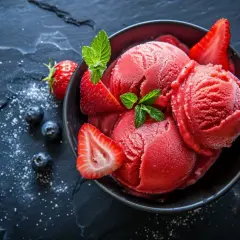 Schüssel mit fruchtigem Erdbeer-Eis aus Saft, frisch aus der Eismaschine, garniert mit Erdbeerscheiben und Minze.