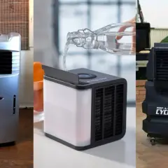 Tres enfriadoras de agua de diferentes tamaños: Honeywell, Evapolar y Port-A-Cool Cyclone 3000.