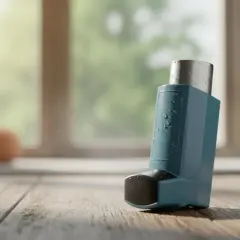 Niebieski inhalator Ventolin na drewnianym blacie, gotowy do użycia. W tle okno z zielenią.